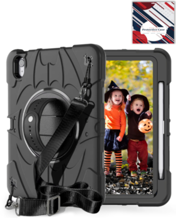 Rugged Tablet Case with Rotating Stand & Shoulder Strap (BLACK) for iPad Air 4 / Air 5 / Air 6 (Only Ground Shipping)