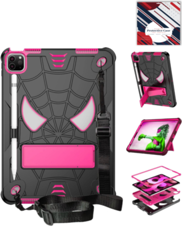 Rugged SpiderGrip Tablet Case with Kickstand & Shoulder Strap (BLACK & PINK) for iPad Air 4 / Air 5 / Pro 11 (1st / 2nd / 3rd / 4th) (Only Ground Shipping)