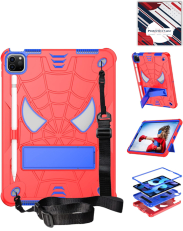 Rugged SpiderGrip Tablet Case with Kickstand & Shoulder Strap (RED & BLUE) for iPad Air 4 / Air 5 / Pro 11 (1st / 2nd / 3rd / 4th) (Only Ground Shipping)