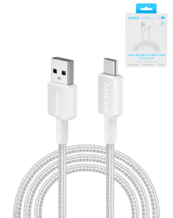 Anker 322 Braided USB A-C Braided Charging Cable (10ft) (WHITE) (Only Ground Shipping)
