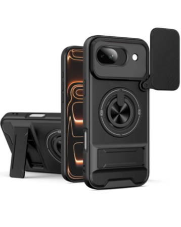 Shockproof Mag Safe Slide Lens Case with Ring Holder - BLACK for Google Pixel 10A (Only Ground Shipping)