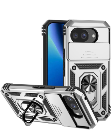 Dual Layers Hybrid Case with Metal Ring And Camera Protector for Google Pixel 10A (SILVER) (Only Ground Shipping)