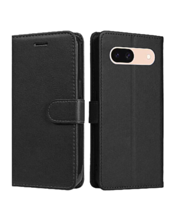 Google Pixel 8A Leather Wallet Case with Card Slot - BLACK (Only Ground Shipping)