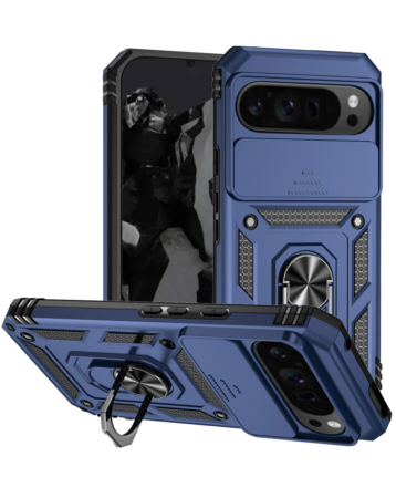 Google Pixel 9 Pro XL Dual Layers Hybrid Case with Metal Ring And Camera Protector - BLUE (Only Ground Shipping)