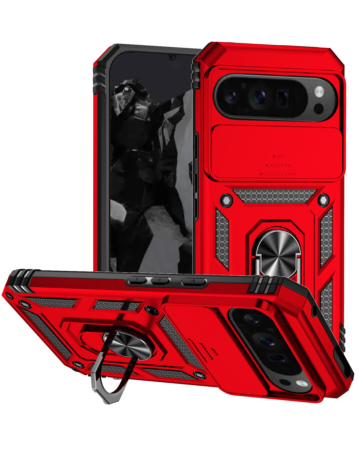 Google Pixel 9 Pro XL Dual Layers Hybrid Case with Metal Ring And Camera Protector - RED (Only Ground Shipping)