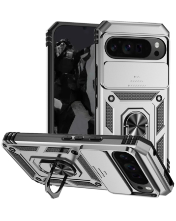 Google Pixel 9 Pro XL Dual Layers Hybrid Case with Metal Ring And Camera Protector - SILVER (Only Ground Shipping)