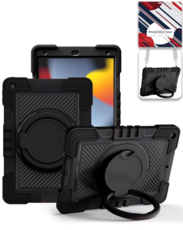 Multi-Functional Rugged Swivel Stand Case with Shoulder Strap (BLACK) for iPad 5 (2017) / iPad 6 (2018) / Air 1 / Air 2 / Pro 9.7 (Only Ground Shipping)