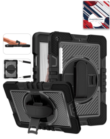 360 Rotating Hand Strap & Kickstand Case with Shoulder Strap (BLACK) for iPad 10.2" (7th / 8th / 9th) / Air 3 / Pro 10.5 (Only Ground Shipping)