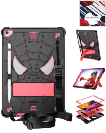 Rugged SpiderGrip Tablet Case with Kickstand & Shoulder Strap (BLACK & PINK) for iPad 10.2" (7th / 8th / 9th) / Air 3 / Pro 10.5 (Only Ground Shipping)