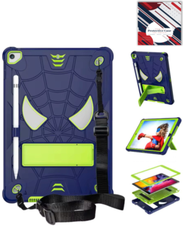 Rugged SpiderGrip Tablet Case with Kickstand & Shoulder Strap (NAVY BLUE & GREEN) for iPad 10.2" (7th / 8th / 9th) / Air 3 / Pro 10.5 (Only Ground Shipping)