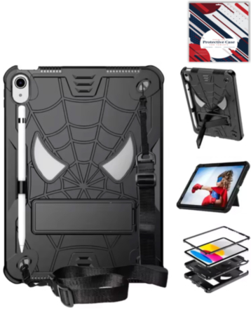Rugged SpiderGrip Tablet Case with Kickstand & Shoulder Strap (BLACK) for iPad 10 2022 (10.9") / iPad 11 (A16) (Only Ground Shipping)