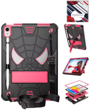 Rugged SpiderGrip Tablet Case with Kickstand & Shoulder Strap (BLACK & PINK) for iPad 10 2022 (10.9") / iPad 11 (A16) (Only Ground Shipping)
