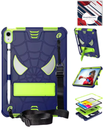 Rugged SpiderGrip Tablet Case with Kickstand & Shoulder Strap (NAVY BLUE & GREEN) for iPad 10 2022 (10.9") / iPad 11 (A16) (Only Ground Shipping)