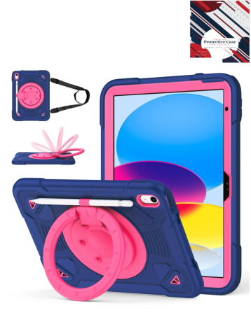 Shockproof Heavy Duty Stand Case with Pen Slot - NAVY BLUE & HOT PINK for iPad 10 (2022) / iPad 11 (2025) (Only Ground Shipping)