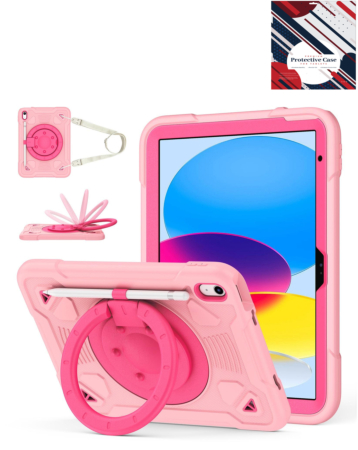 Shockproof Heavy Duty Stand Case with Pen Slot - PINK & HOT PINK for iPad 10 (2022) / iPad 11 (2025) (Only Ground Shipping)