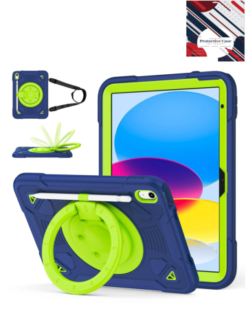 Shockproof Heavy Duty Stand Case with Pen Slot - NAVY BLUE & GREEN for iPad 10 (2022) / iPad 11 (2025) (Only Ground Shipping)