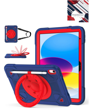 Shockproof Heavy Duty Stand Case with Pen Slot - NAVY BLUE & RED for iPad 10 (2022) / iPad 11 (2025) (Only Ground Shipping)