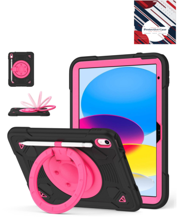Shockproof Heavy Duty Stand Case with Pen Slot- BLACK & HOT PINK for iPad 10 (2022) / iPad 11 (2025) (Only Ground Shipping)
