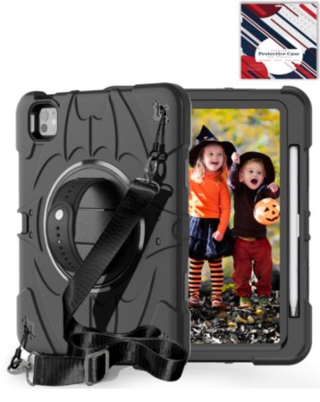 Rugged Tablet Case with Rotating Stand & Shoulder Strap (BLACK) for iPad Pro 11 (2024 / 2025) (Only Ground Shipping)