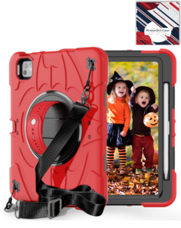 Rugged Tablet Case with Rotating Stand & Shoulder Strap (RED) for iPad Pro 11 (2024 / 2025) (Only Ground Shipping)