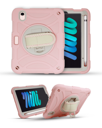 Hand Adjustable Heavy Duty Case with Shoulder Strap - ROSE PINK for iPad Mini 6 / 7 (A17 Pro) (Only Ground Shipping)