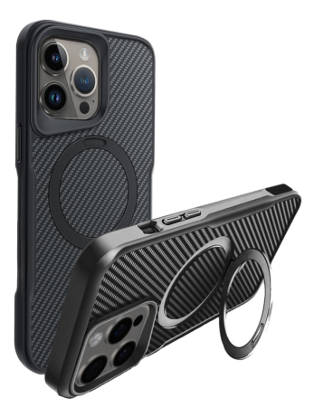 Carbon Fiber Magnetic Kickstand Case - BLACK for iPhone 12 / 12 Pro (Only Ground Shipping)