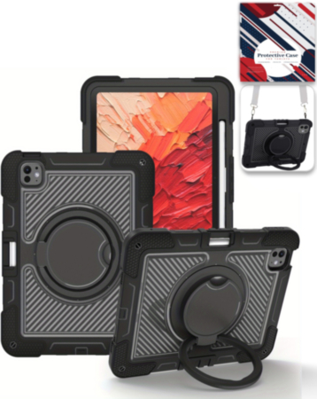 Multi-Functional Rugged Swivel Stand Case with Shoulder Strap (BLACK) for iPad Pro 11 (2024 / 2025) (Only Ground Shipping)