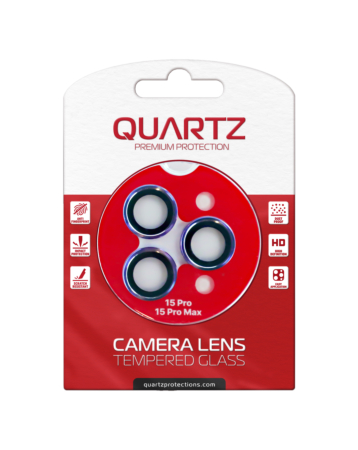 Stock up on the QUARTZ HD Tempered Glass with Metal Ring for iPhone 15 Pro and 15 Pro Max Back Camera in purple.