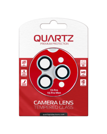 Shop the QUARTZ HD Tempered Glass with Metal Ring for iPhone 15 Pro and 15 Pro Max Back Camera in white.