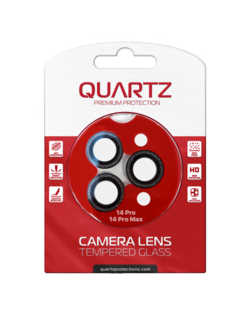 Order the QUARTZ HD tempered glass in Black with glitter diamond camera lens for the iPhone 14 Pro and 14 Pro Max back camera.
