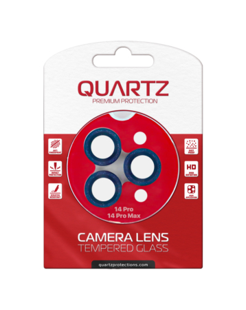 Purchase the QUARTZ HD tempered glass in Blue with glitter diamond camera lens for the iPhone 14 Pro and 14 Pro Max back camera.