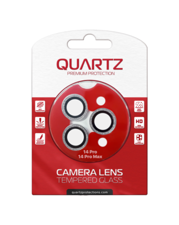 Stock up on the QUARTZ HD tempered glass in White with glitter diamond camera lens for the iPhone 14 Pro and 14 Pro Max back camera.