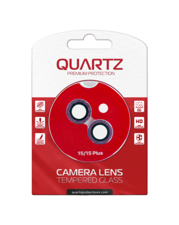 Grab the wholesale deals on the Quartz HD tempered glass with glitter diamond camera lens for iPhone 15 and 15 Plus back camera, purple.
