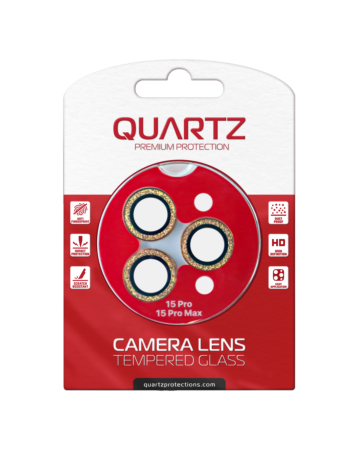 Grab the wholesale deals on the QUARTZ HD Tempered Glass in gold with glitter diamond camera lens for iPhone 15 Pro and 15 Pro Max back camera.