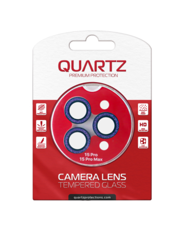 Stock up on the QUARTZ HD Tempered Glass in purple with glitter diamond camera lens for iPhone 15 Pro and 15 Pro Max back camera.