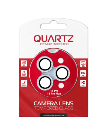 Buy the QUARTZ HD Tempered Glass in white with glitter diamond camera lens for iPhone 15 Pro and 15 Pro Max back camera.