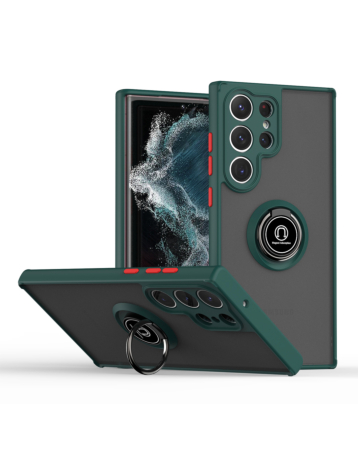 Galaxy S24 Ultra Hard PC Rear / Soft TPU Colorful Border Case with I - ring Holder - DARK GREEN (Only Ground Shipping)