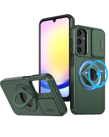 Ring Stand Case & Camera Lens Sliding Cover - DARK GREEN for Galaxy S24 / S25 (Only Ground Shipping)