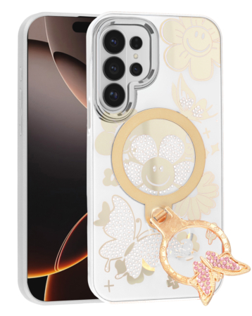 Luxury Diamond Shiny Cases with Butterfly Ring Design - WHITE for Galaxy S26 Ultra (Only Ground Shipping)