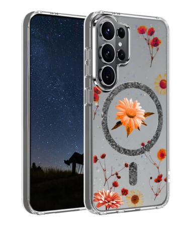 Galaxy S26 Ultra Floral Magnetic Case - BLACK (Only Ground Shipping)