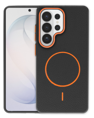 Magnetic Leather Soft Cases (BLACK & ORANGE) for Galaxy S26 Ultra (Only Ground Shipping)