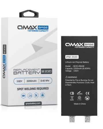 Purchase the QMAX Base extended capacity replacement battery for iPhone SE 2020 – 2200 mAh, spot weld required.