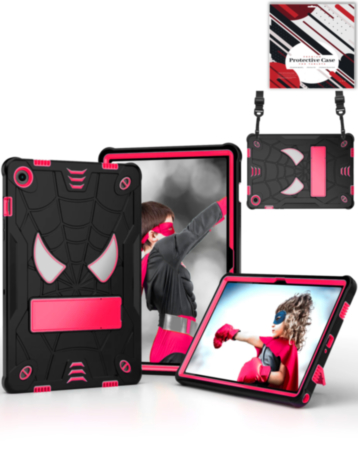 Rugged SpiderGrip Tablet Case with Kickstand & Shoulder Strap (BLACK & PINK) for Galaxy Tab A9 Plus 2023 (11") (X210, X216, X218) (Only Ground Shipping)