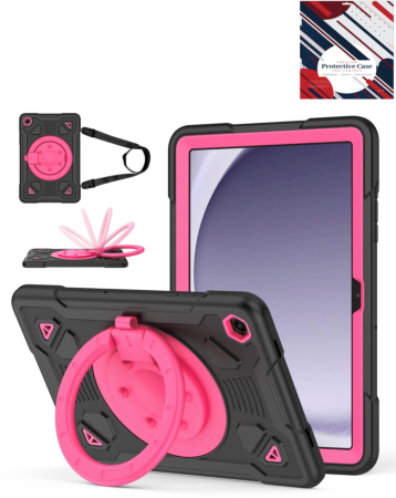 Shockproof Heavy Duty Stand Case with Pen Slot- BLACK & HOT PINK for Galaxy Tab A9 Plus 2023 (11") (X210, X216, X218) (Only Ground Shipping)