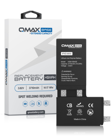 Stock up on the QMAX Base extended capacity replacement battery for iPhone XS Max with 3710 mAh – spot weld required.