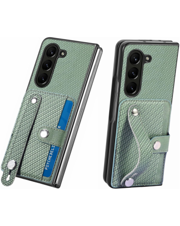 Galaxy Z Fold 5 Carbon Fiber Texture Card Slot Wrist Strap Holder Case - GREEN (Only Ground Shipping)