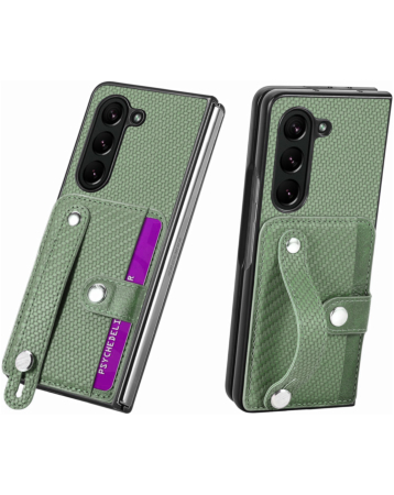 Galaxy Z Fold 6 Carbon Fiber Texture Card Slot Wrist Strap Holder Case - GREEN (Only Ground Shipping)