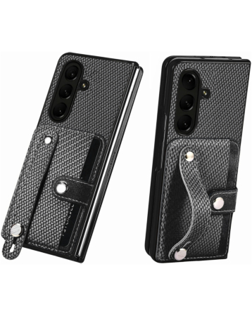 Galaxy Z Fold 7 Carbon Fiber Texture Card Slot Wrist Strap Holder Case - BLACK (Only Ground Shipping)