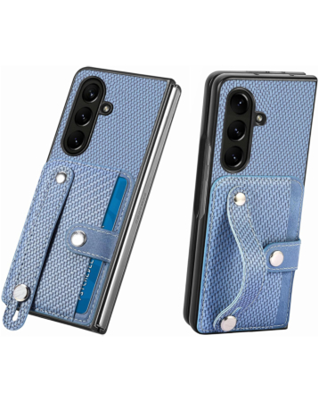 Galaxy Z Fold 7 Carbon Fiber Texture Card Slot Wrist Strap Holder Case - BLUE (Only Ground Shipping)