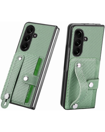 Galaxy Z Fold 7 Carbon Fiber Texture Card Slot Wrist Strap Holder Case - GREEN (Only Ground Shipping)